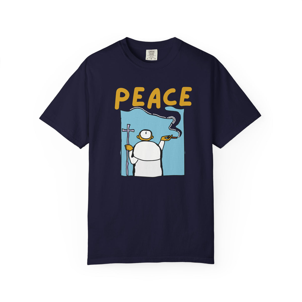 Halo peace meme graphic t-shirt in multiple colors flat lay