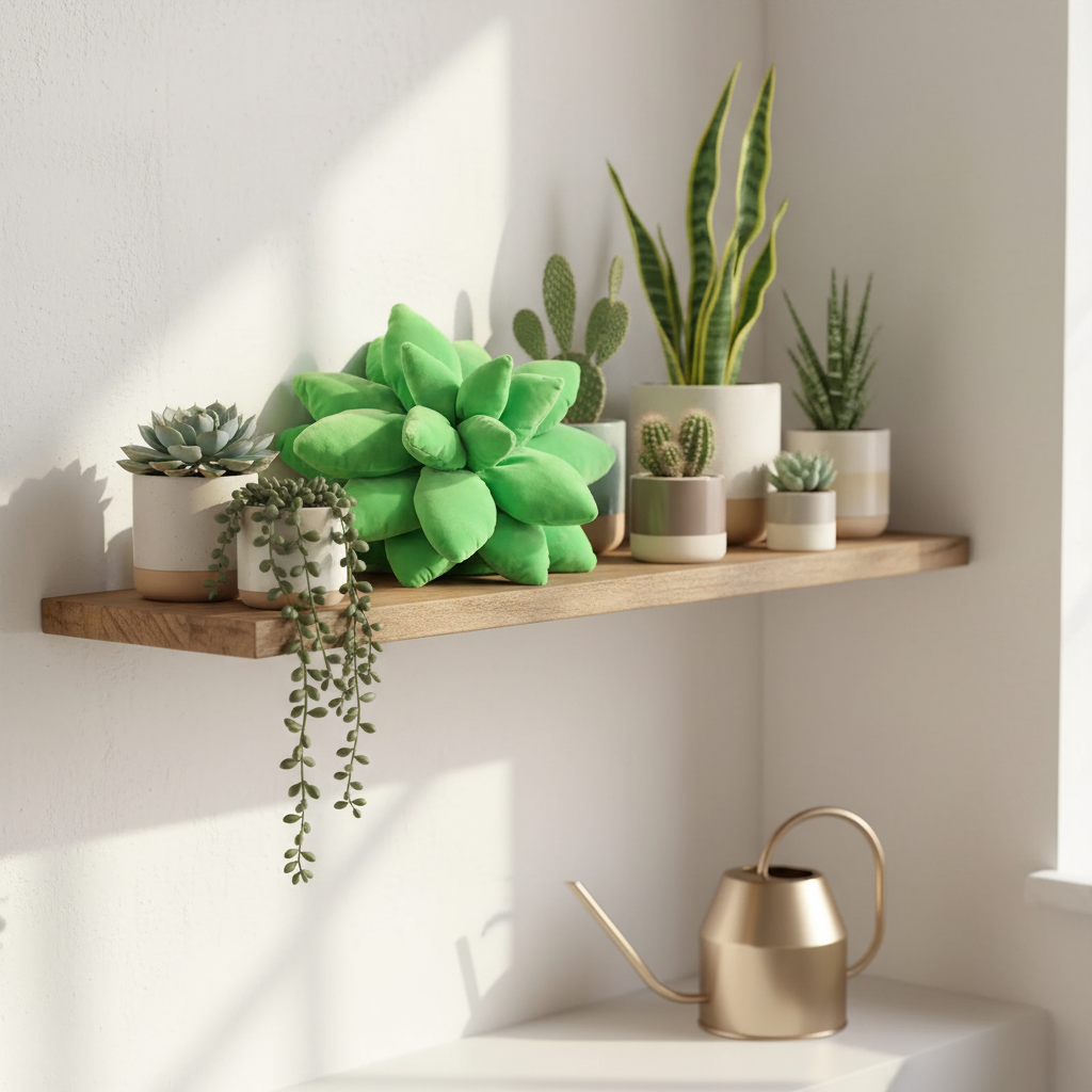 Hand-sewn plants plush pillow with detailed succulent leaves