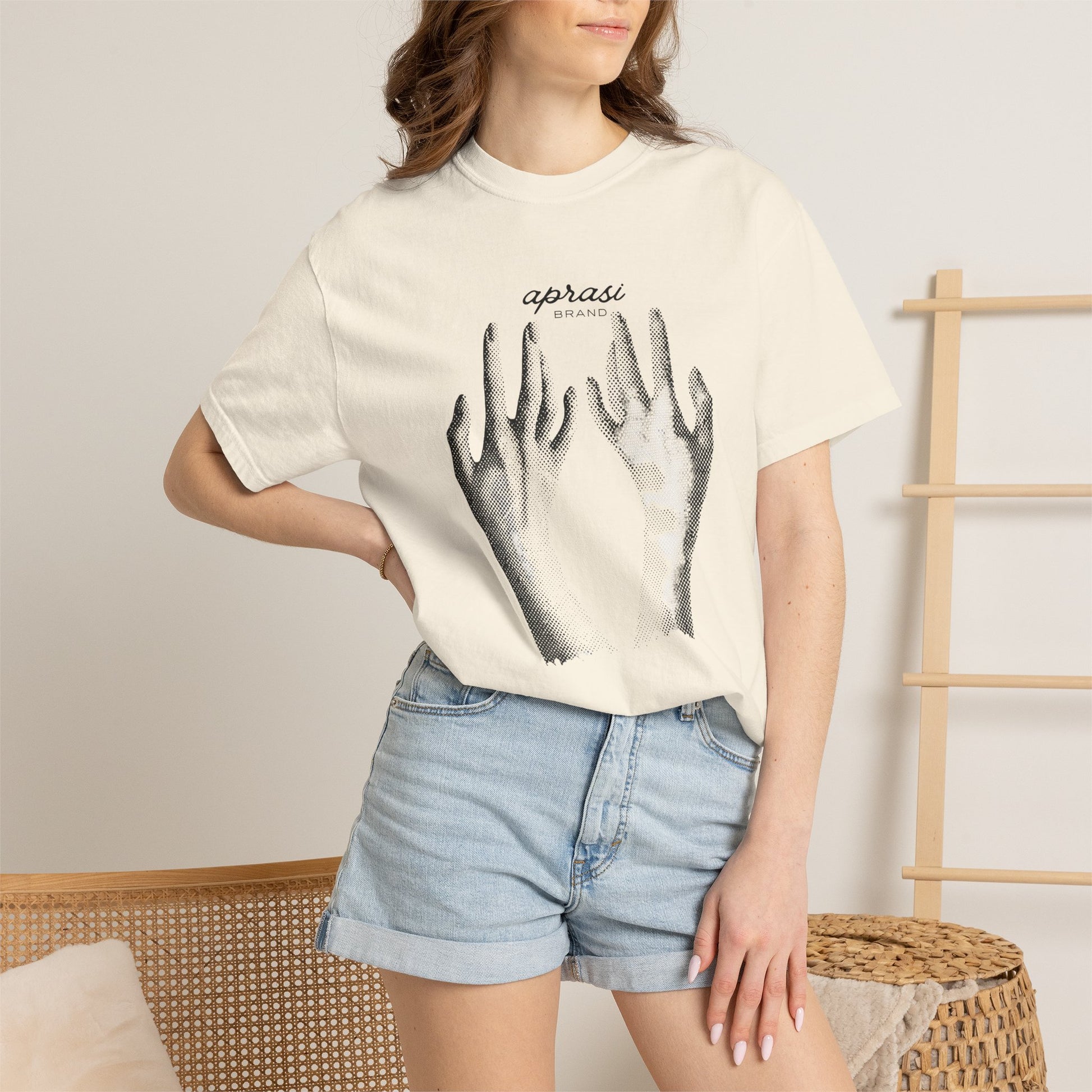 Hand sketch tees unisex size guide fit reference S to 3XL on model
