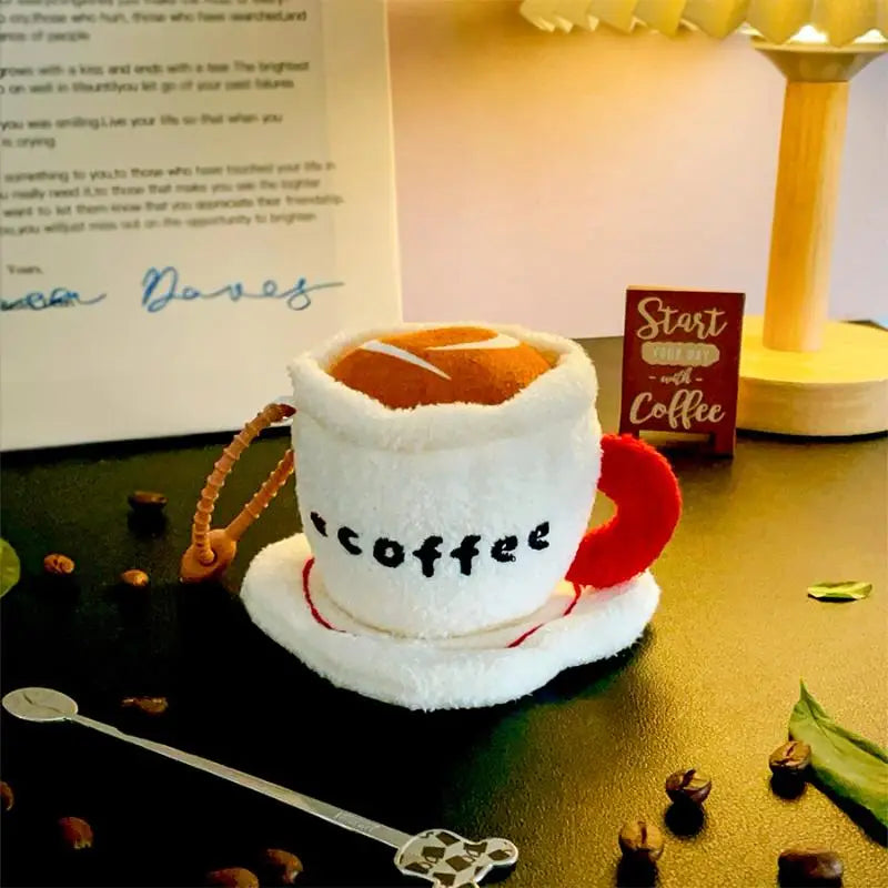 Handmade 10cm café aesthetic plush charm with stitched heart latte art detail close up