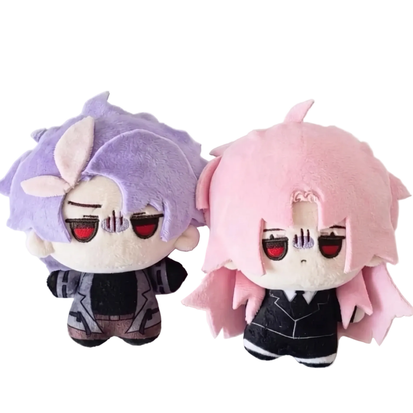 Handmade Hatsutori plush with light pink hair inspired by a popular dark sci-fi anime
