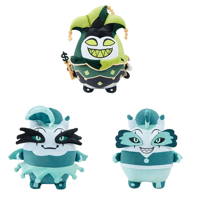 Handmade Mammon plush toy from Helluva Boss featuring four armed jester demon design
