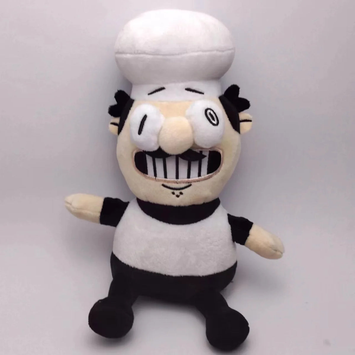 Handmade Pizzaface fan plush toy, soft stuffed collectible inspired by the floating pizza villain from a hit indie platformer, 20cm