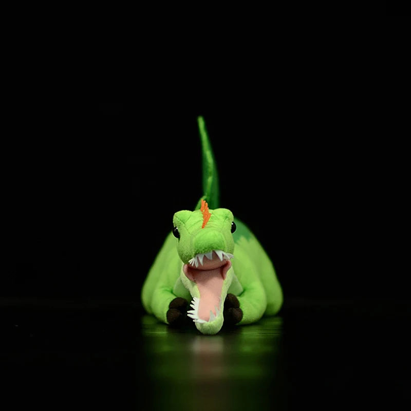 Handmade Spinosaurus plush close up showing detailed sail spine and textured green fabric
