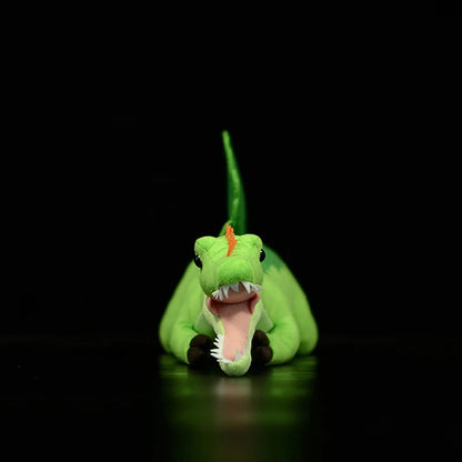 Handmade Spinosaurus plush close up showing detailed sail spine and textured green fabric