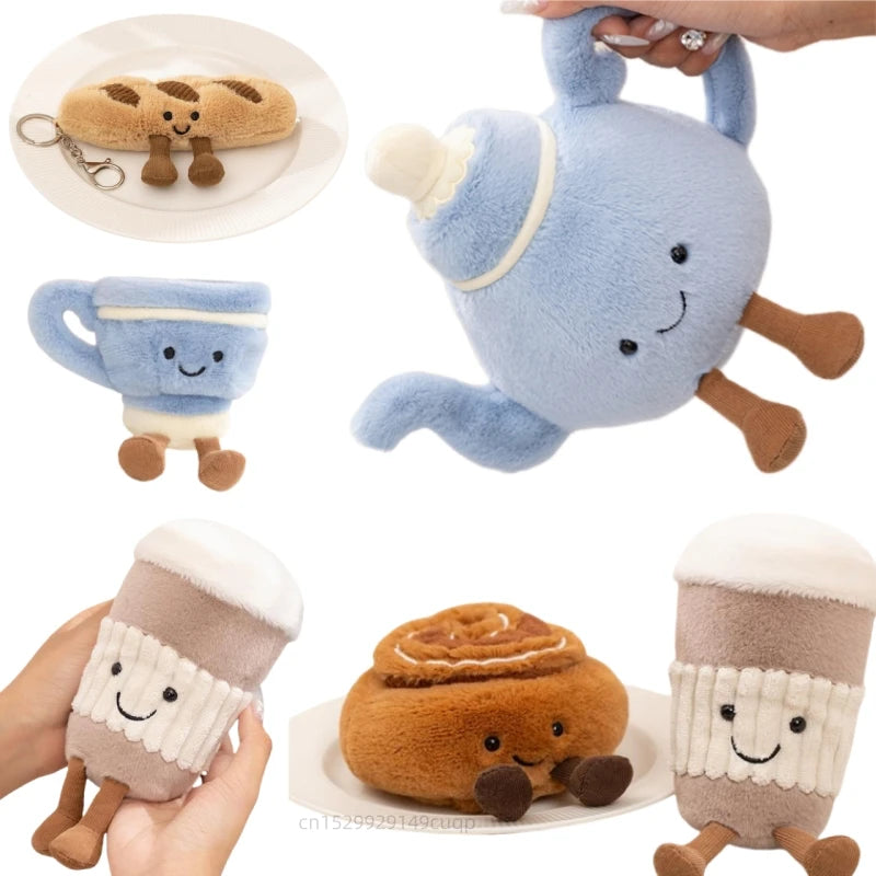 Handmade afternoon tea plushie set featuring teapot, teacup, bread, coffee, and cinnamon roll