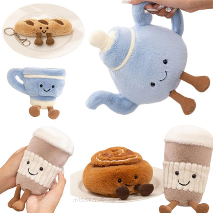 Handmade afternoon tea plushie set featuring teapot, teacup, bread, coffee, and cinnamon roll