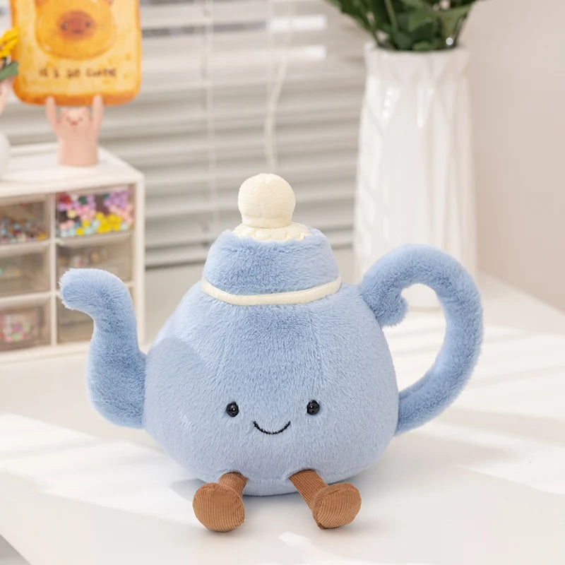 Handmade afternoon tea plushie set styled in a cottagecore shelf display