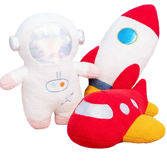 Handmade astronaut plush toy rocket plushie and spaceship stuffed animal on white background