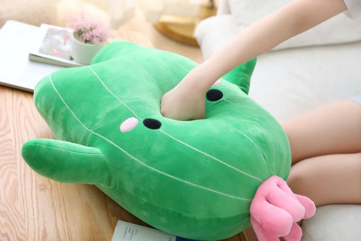 Handmade cactus plush toy in 25cm size displayed on a wooden desk