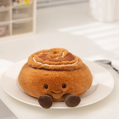 Handmade coffee plushie and tea pot plushie side by side on a shelf, kawaii food plushie collection