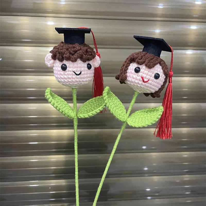 Handmade crochet flower boy graduation doll crafted from soft yarn 35 cm full view
