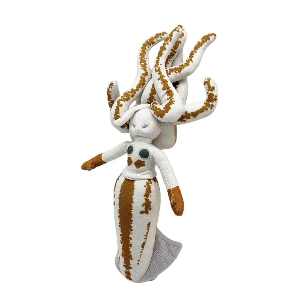 Handmade eldritch octo-mermaid plush doll with tentacle hair on white background