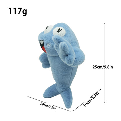 Handmade fan art plush blue dolphin side profile view
