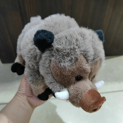 Handmade forest pig plush gray color side profile view