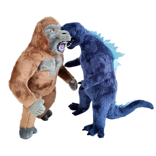 Handmade giant lizard vs ape battle plushies in kaiju showdown face-off pose, 30cm set