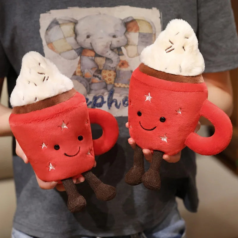 Handmade hot chocolate stuffed animal 18cm front view showing soft whipped cream detail