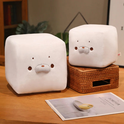 Handmade kawaii plush tofu seal white cube minimal aesthetic background