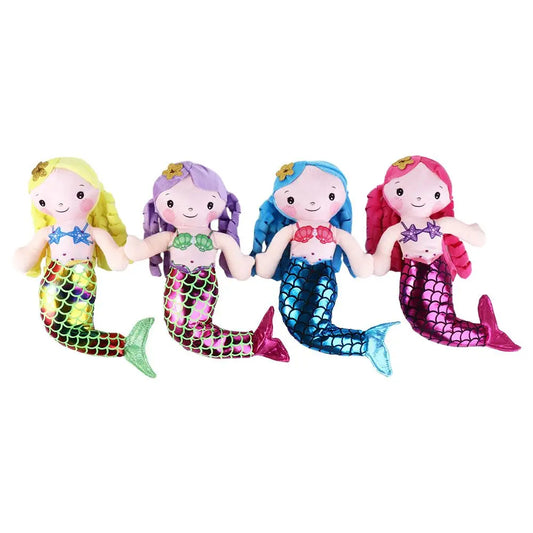 Handmade mermaid plush doll with shimmering metallic scaled tail and yarn hair, 30cm