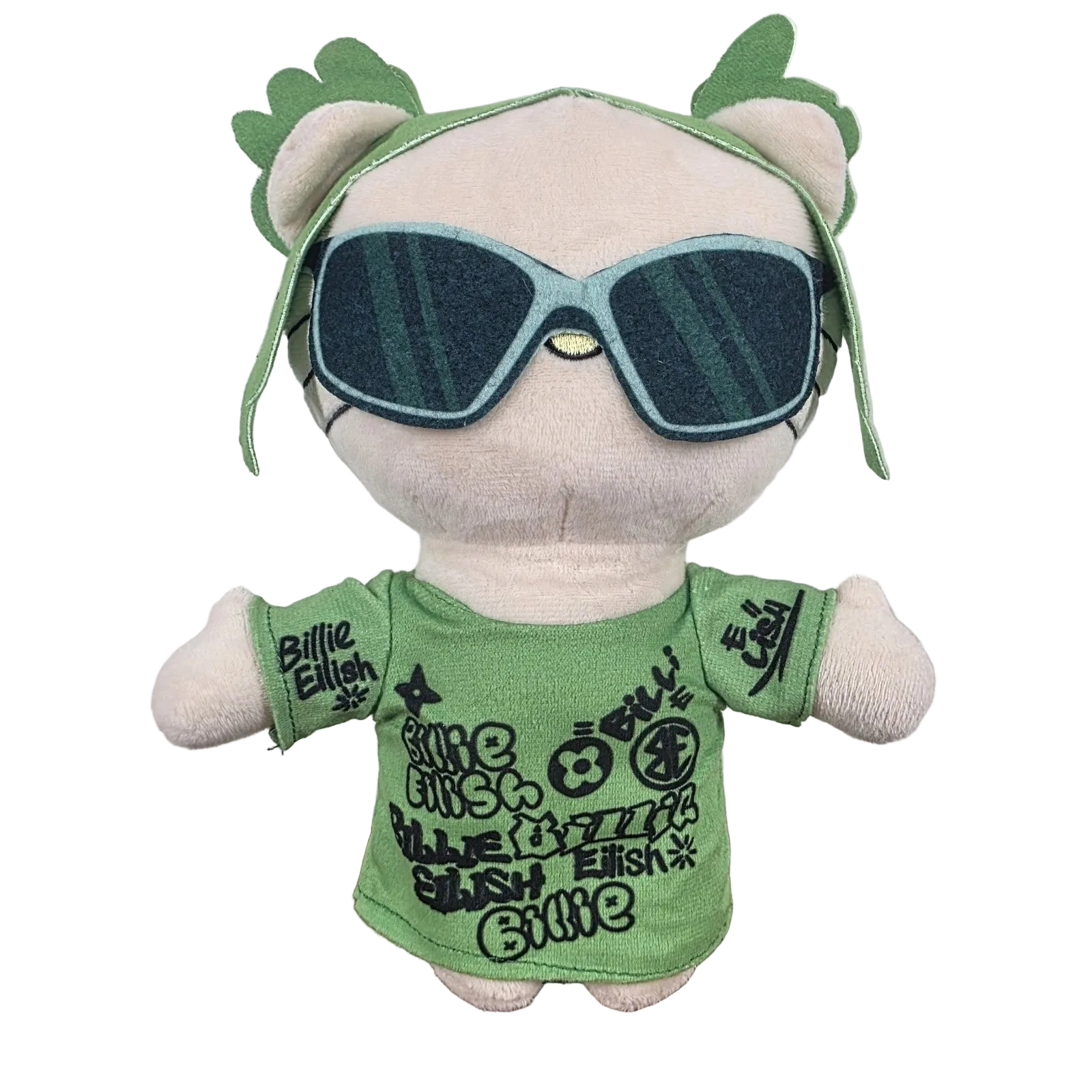 Handmade neon green graffiti cat plush with street art inspired patterns detail
