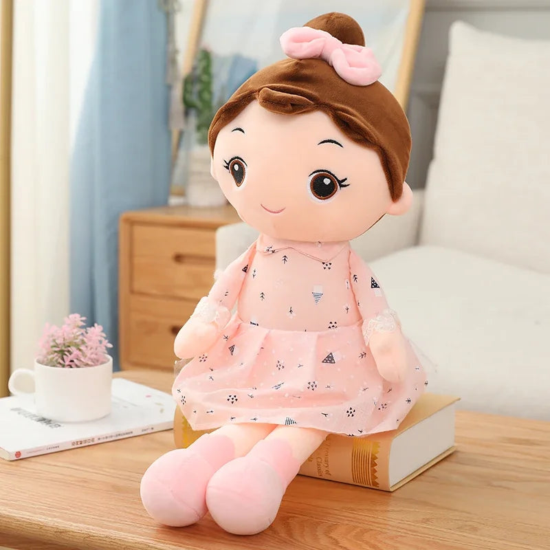 Handmade plushies angel girl mauve purple flat lay with pastel gift box accessories
