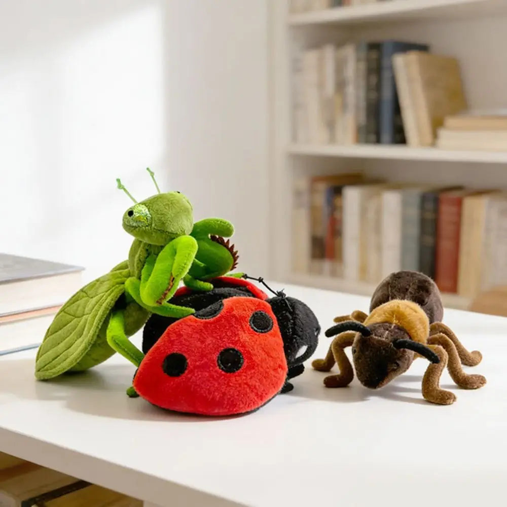 Handmade praying mantis plushie displayed upright showing realistic segmented green body