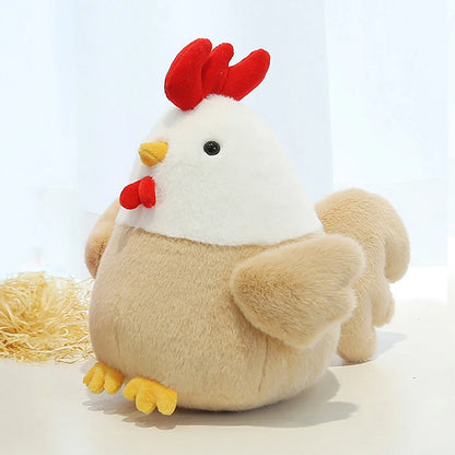 Handmade rooster stuffed animal standing upright showing rounded chubby body shape