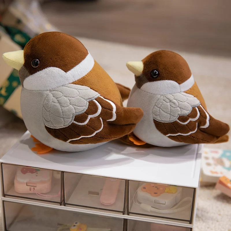 Handmade sparrow plush PP cotton fill shown with gentle squeeze