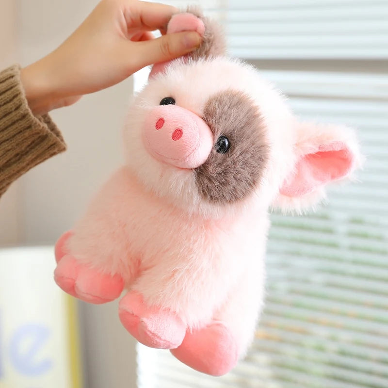 Handmade spotted piglet plush sitting upright, 20cm soft pig stuffed animal in pastel pink tones