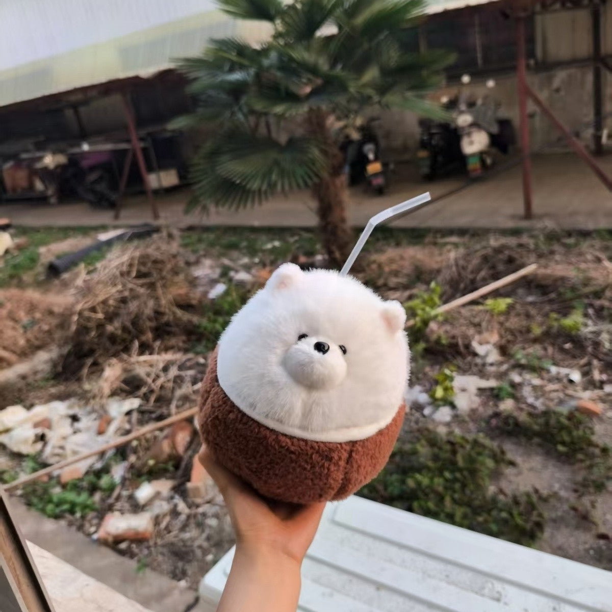 Handmade white puppy plush sitting inside brown coconut shell, 15cm kawaii stuffed animal