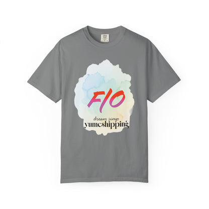 Handmade yume tshirt with garment-dyed cotton and arty watercolor stamp print
