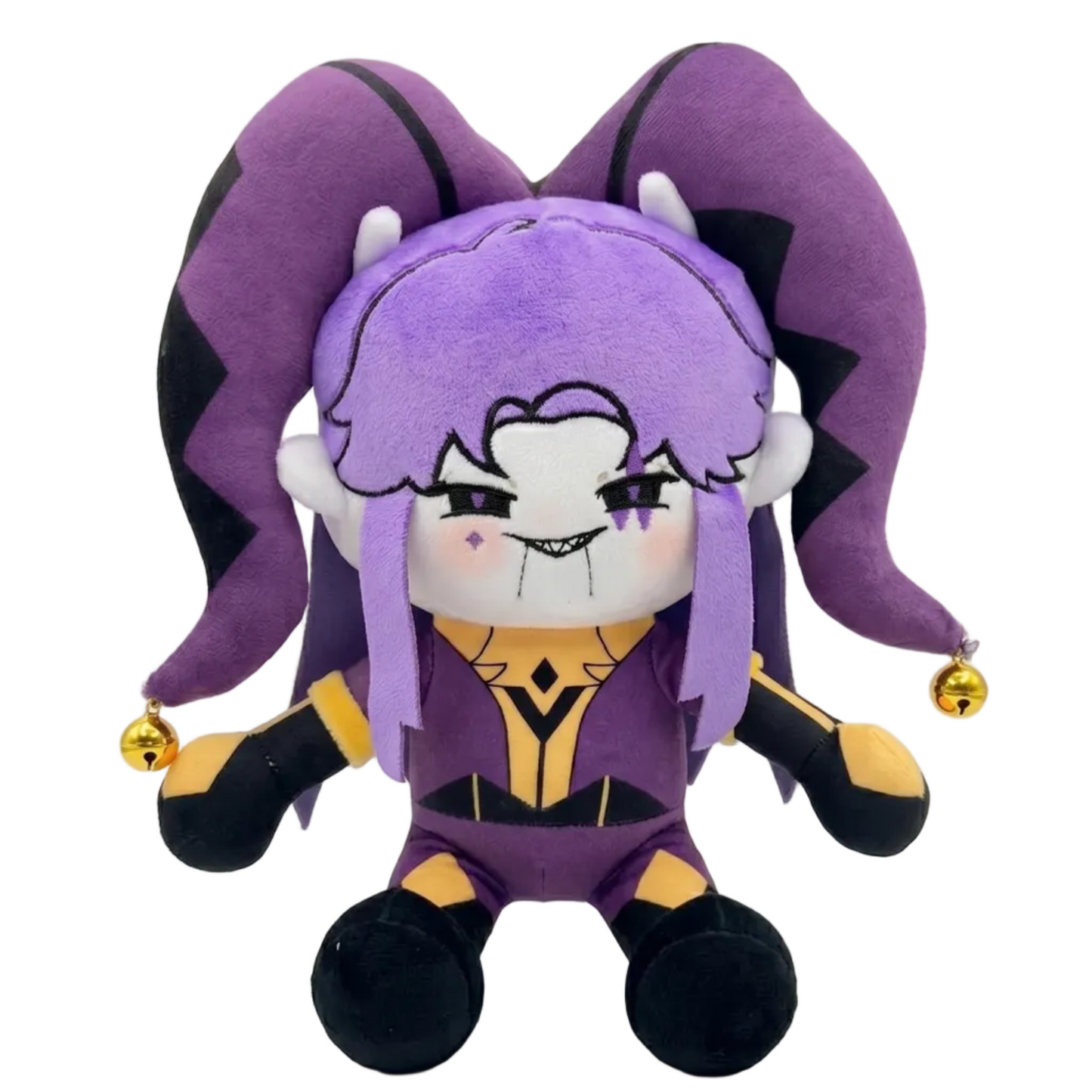 Harlequin plush and Pierrot plush displayed together, circus horror visual novel collectibles
