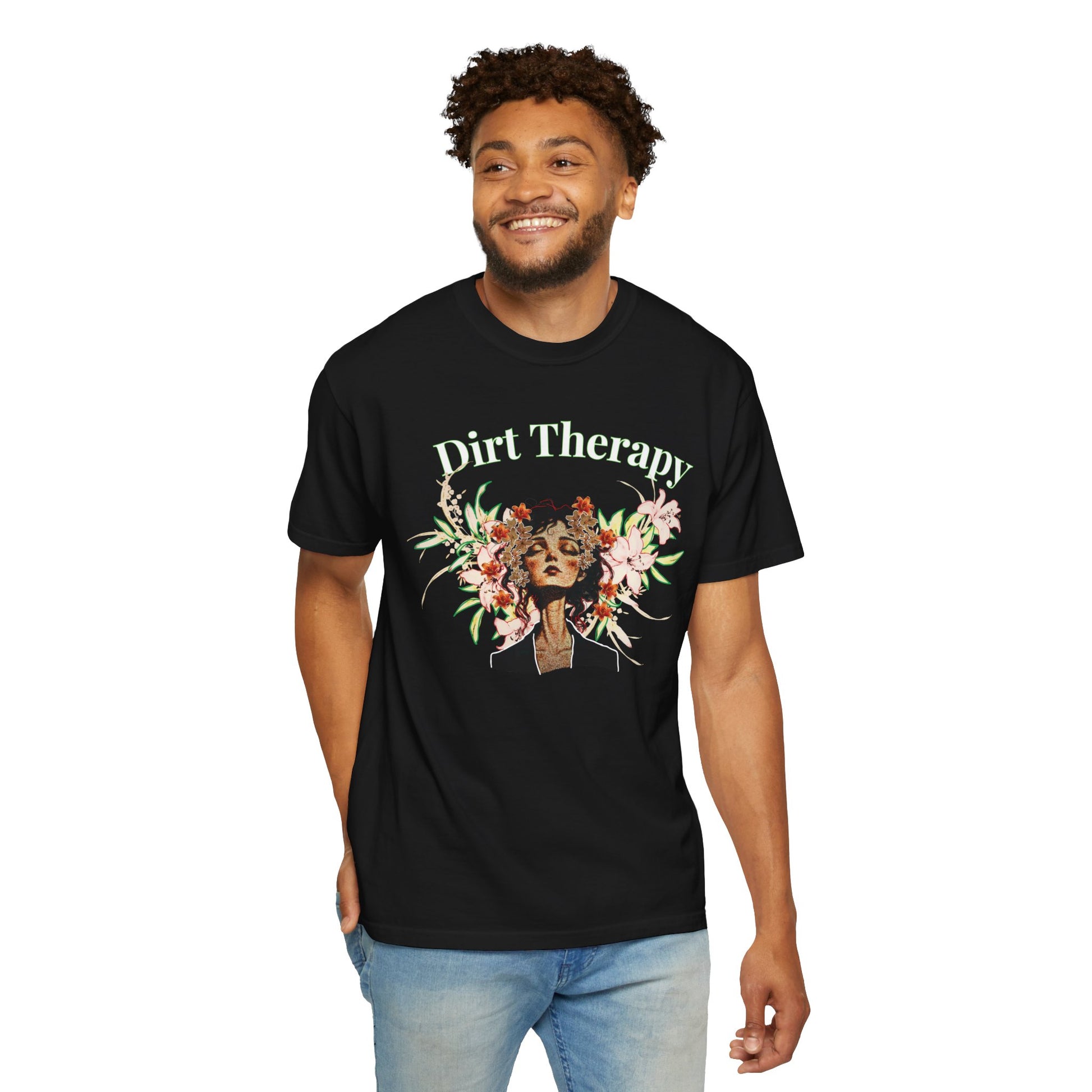 Healing floral tee folded showing garment-dyed texture and soft heavyweight fabric