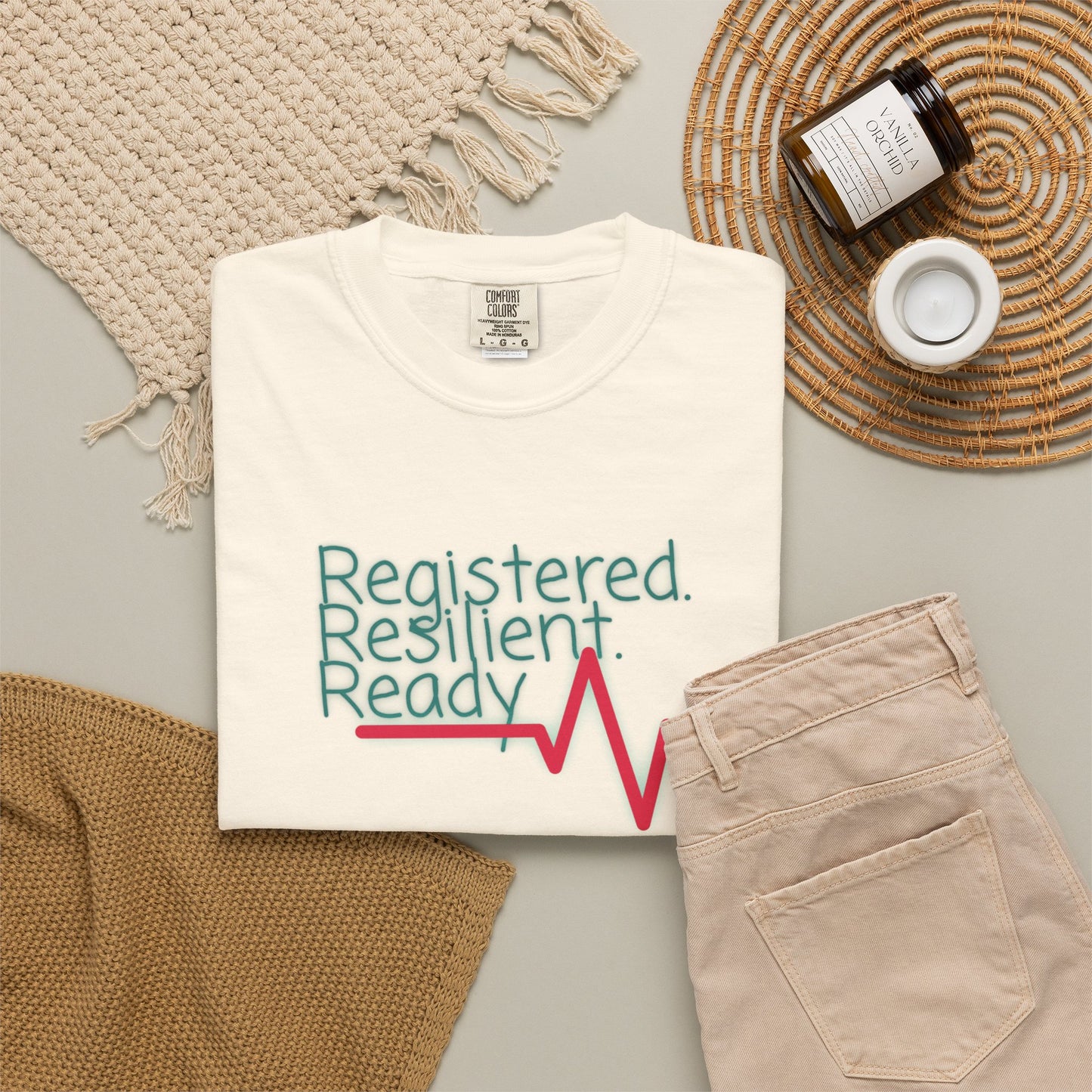 Healthcare professional tee with heartbeat line and quiet confidence slogan
