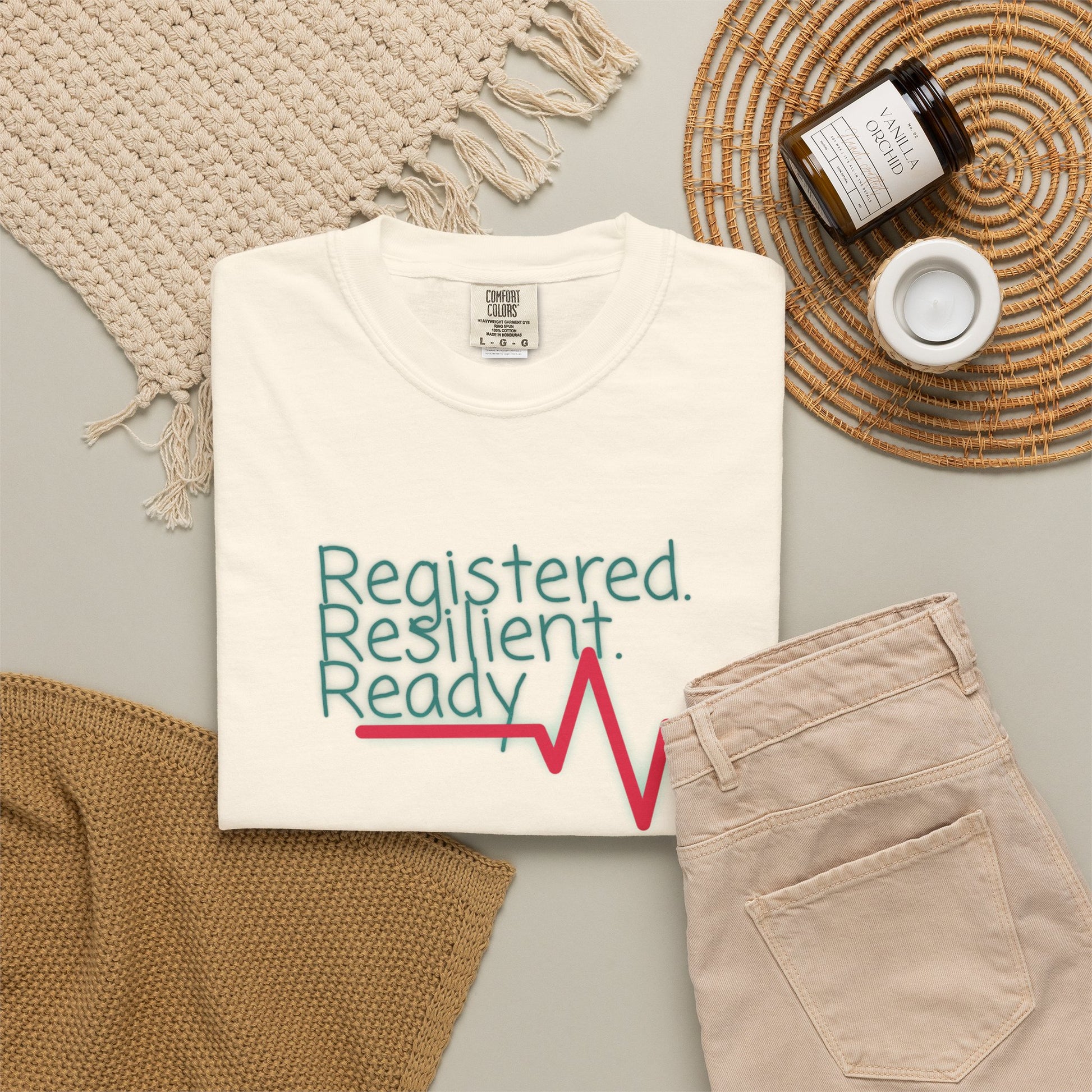 Healthcare professional tee with heartbeat line and quiet confidence slogan