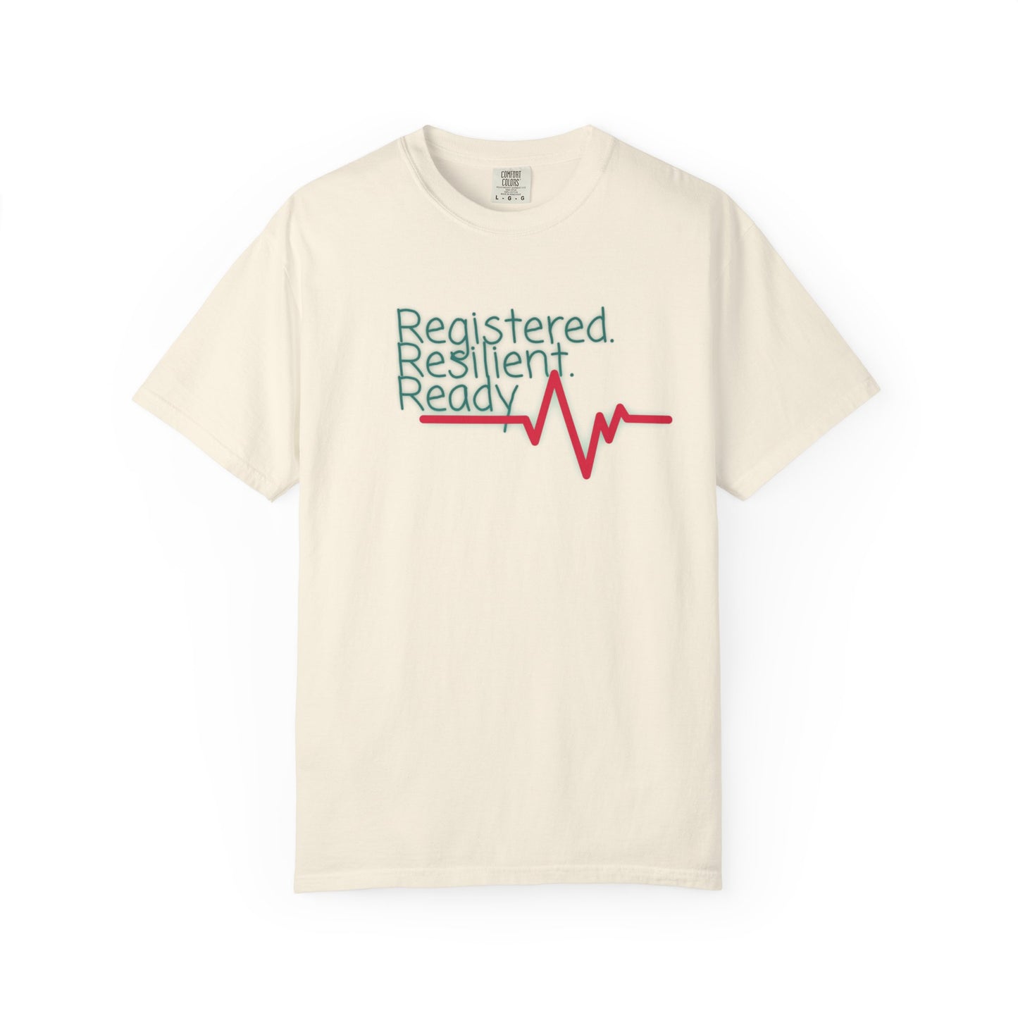 Healthcare worker shirt with red heartbeat line and hand-lettered slogan