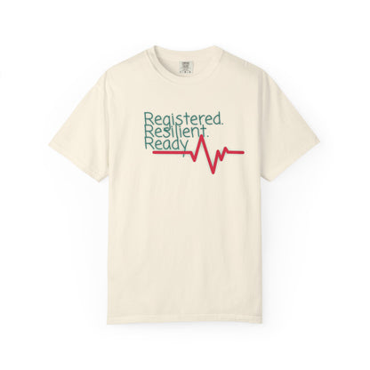 Healthcare worker shirt with red heartbeat line and hand-lettered slogan