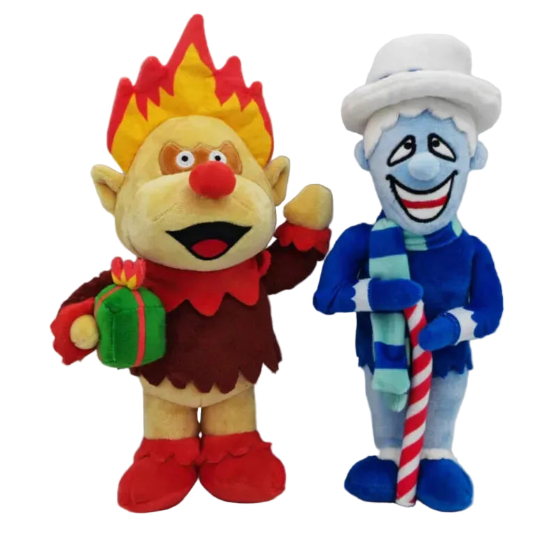 Heat Miser and Snow Miser plush set displayed side by side, 30cm handmade holiday collectibles
