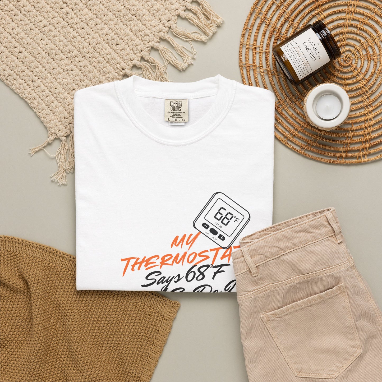 Heatwave graphic tee close up of orange and black high contrast print
