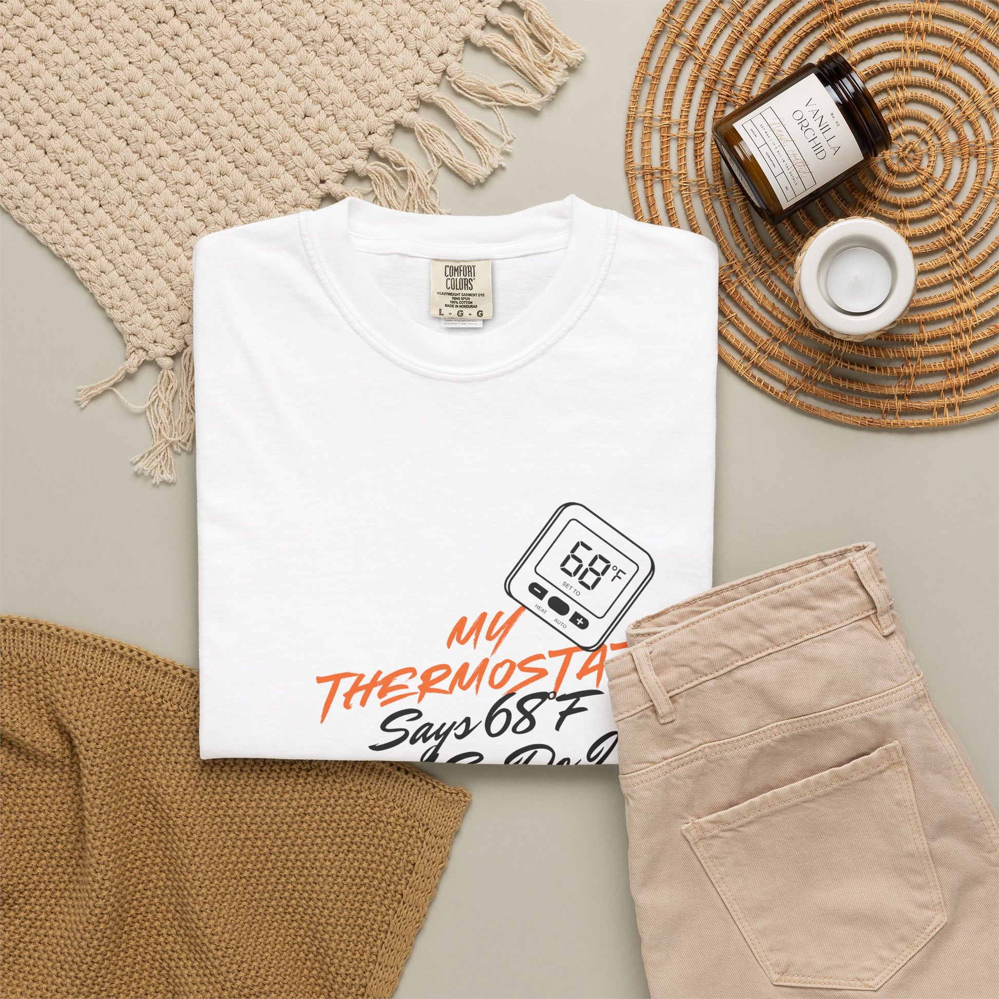 Heatwave graphic tee close up of orange and black high contrast print
