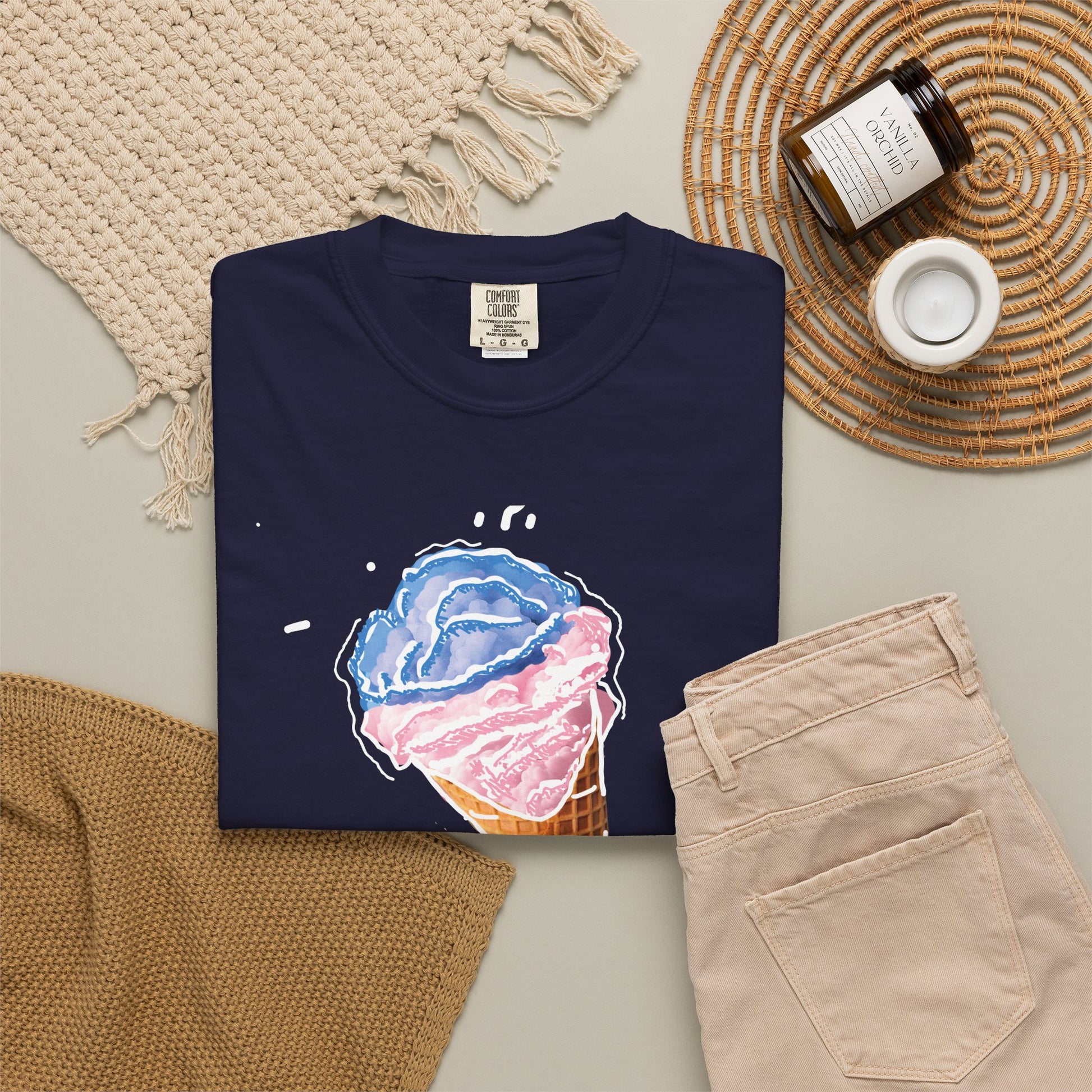 Heavy cotton garment-dyed shirt with hand-illustrated ice cream cone design