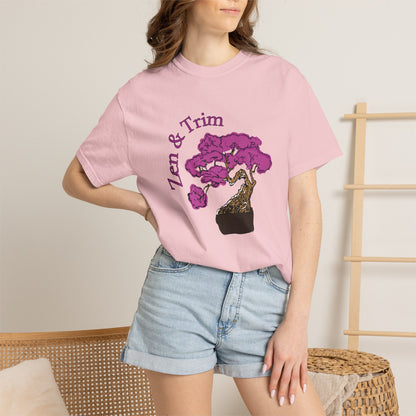 Heavyweight cotton bonsai t-shirt with vibrant pink and gold tree design