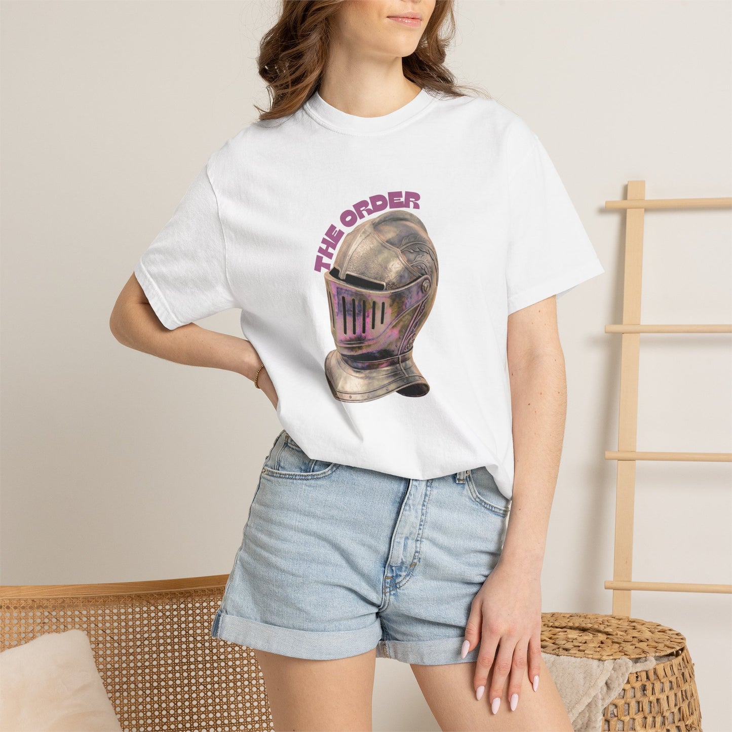 Heavyweight cotton graphic tee with steampunk armor helmet chest print
