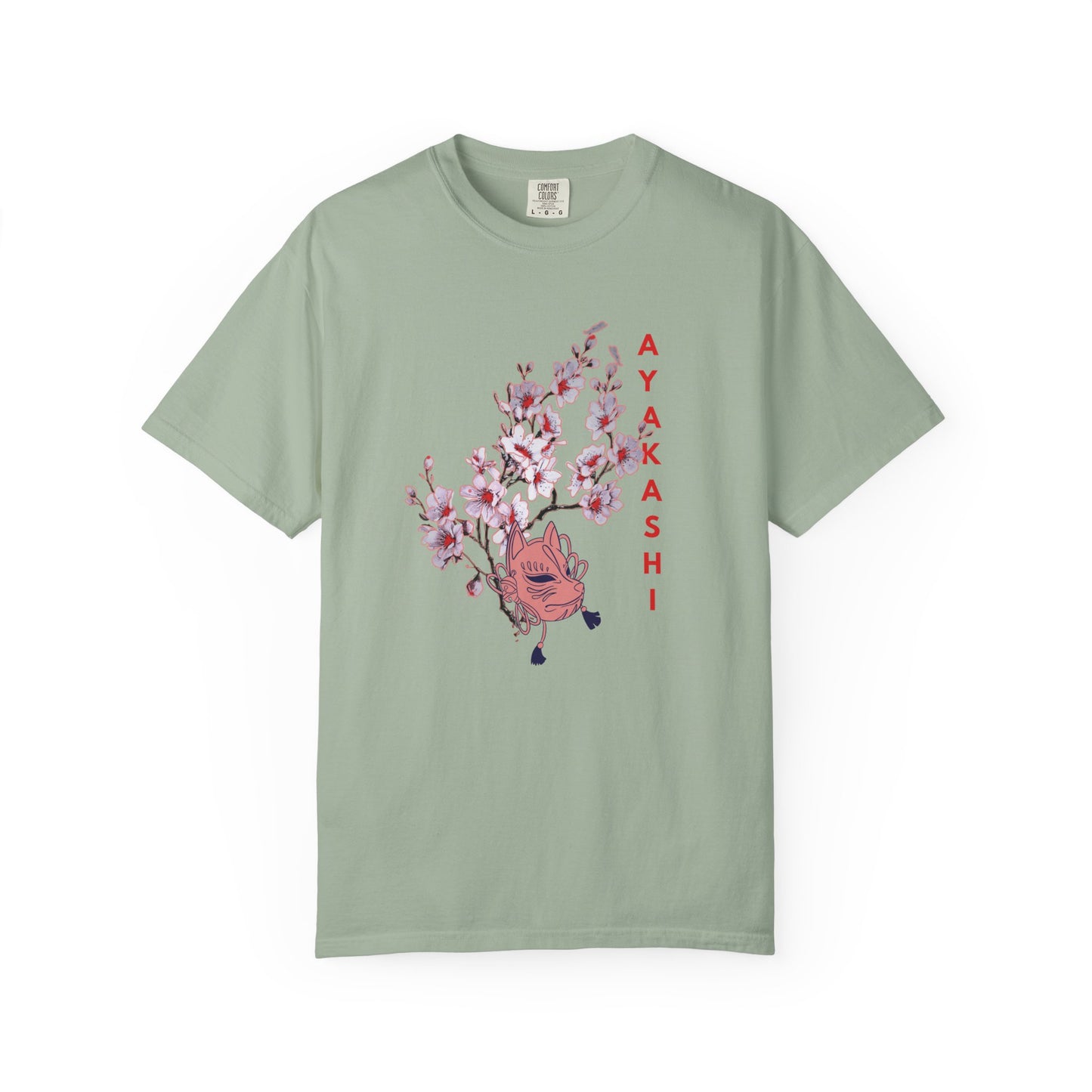 Heavyweight cotton shirt featuring traditional yokai mask and sakura blossom print