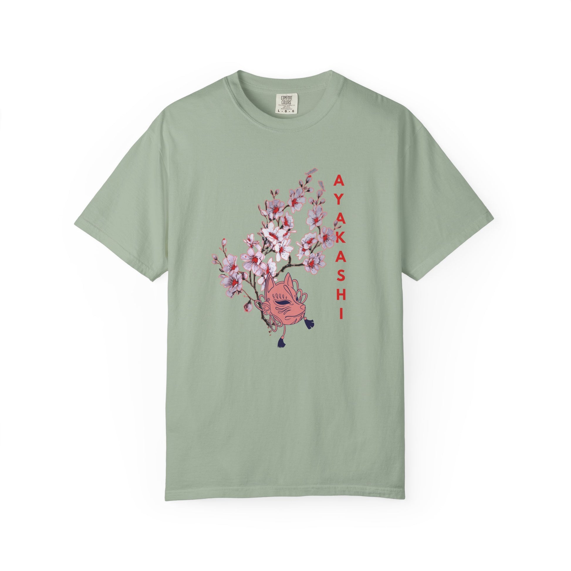 Heavyweight cotton shirt featuring traditional yokai mask and sakura blossom print