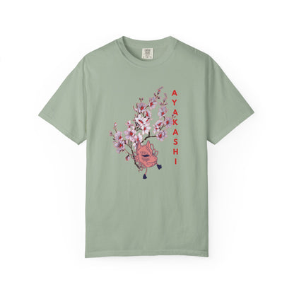 Heavyweight cotton shirt featuring traditional yokai mask and sakura blossom print