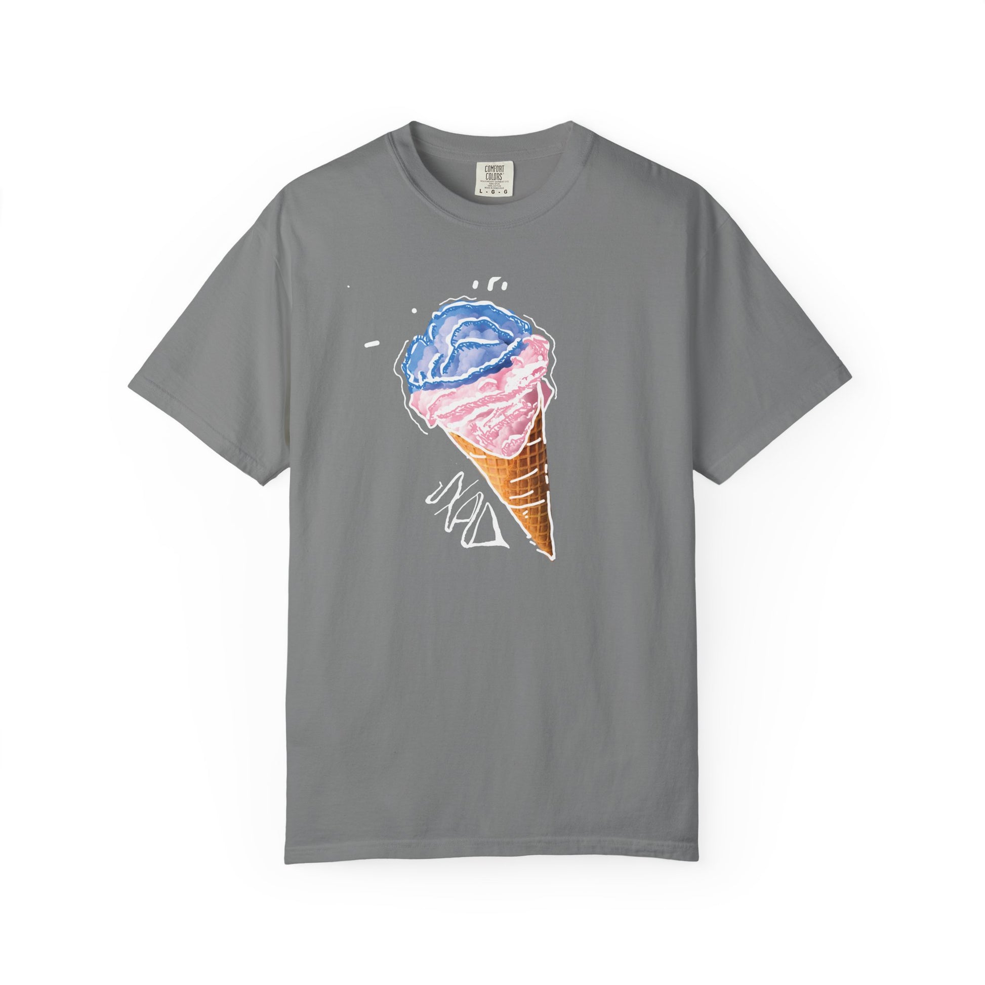 Heavyweight cotton t-shirt featuring hand-drawn ice cream cone artwork in blue and pink