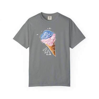 Heavyweight cotton t-shirt featuring hand-drawn ice cream cone artwork in blue and pink
