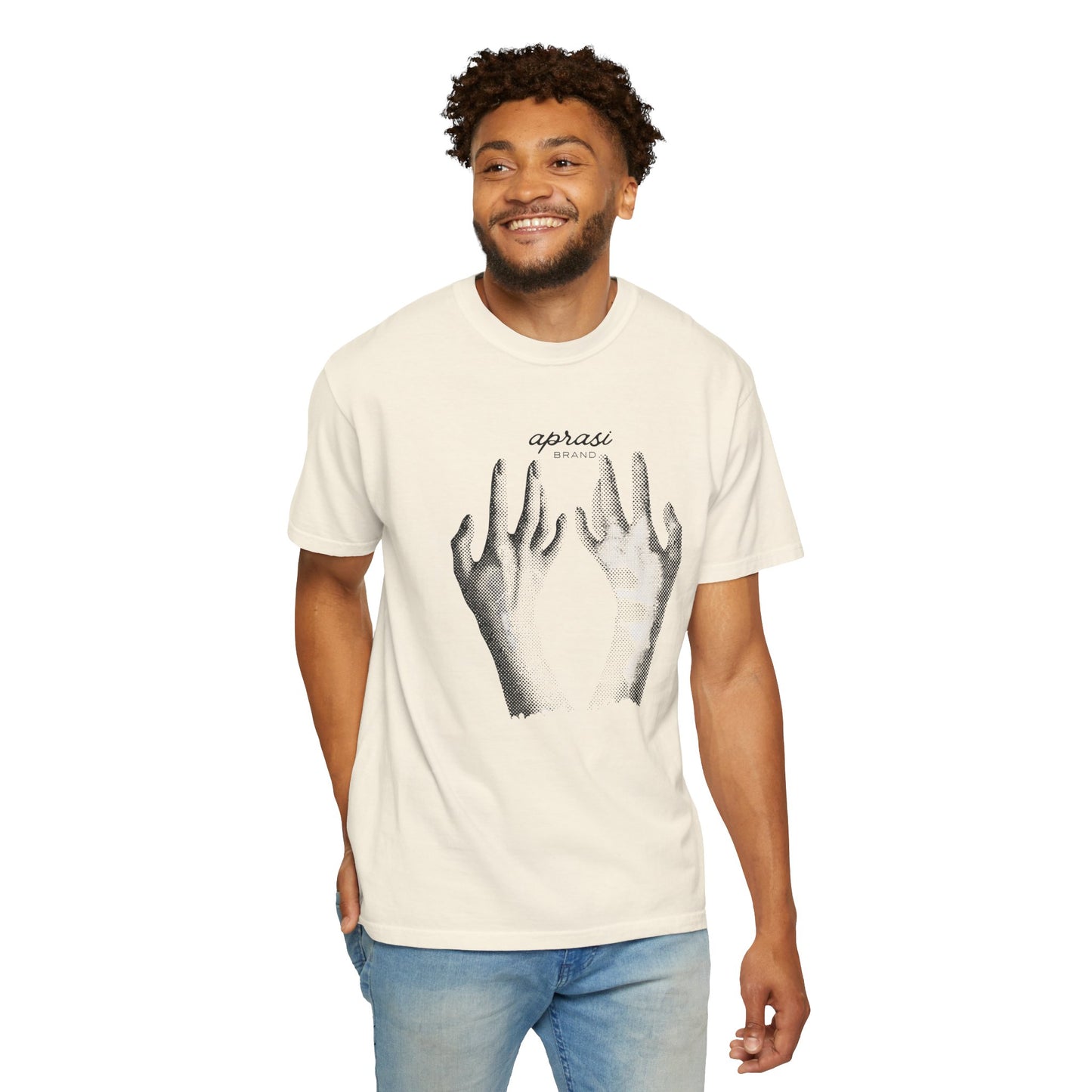 Hand sketch tees unisex size guide fit reference S to 3XL on model
Heavyweight cotton t-shirt garment dyed palette range lifestyle photography
