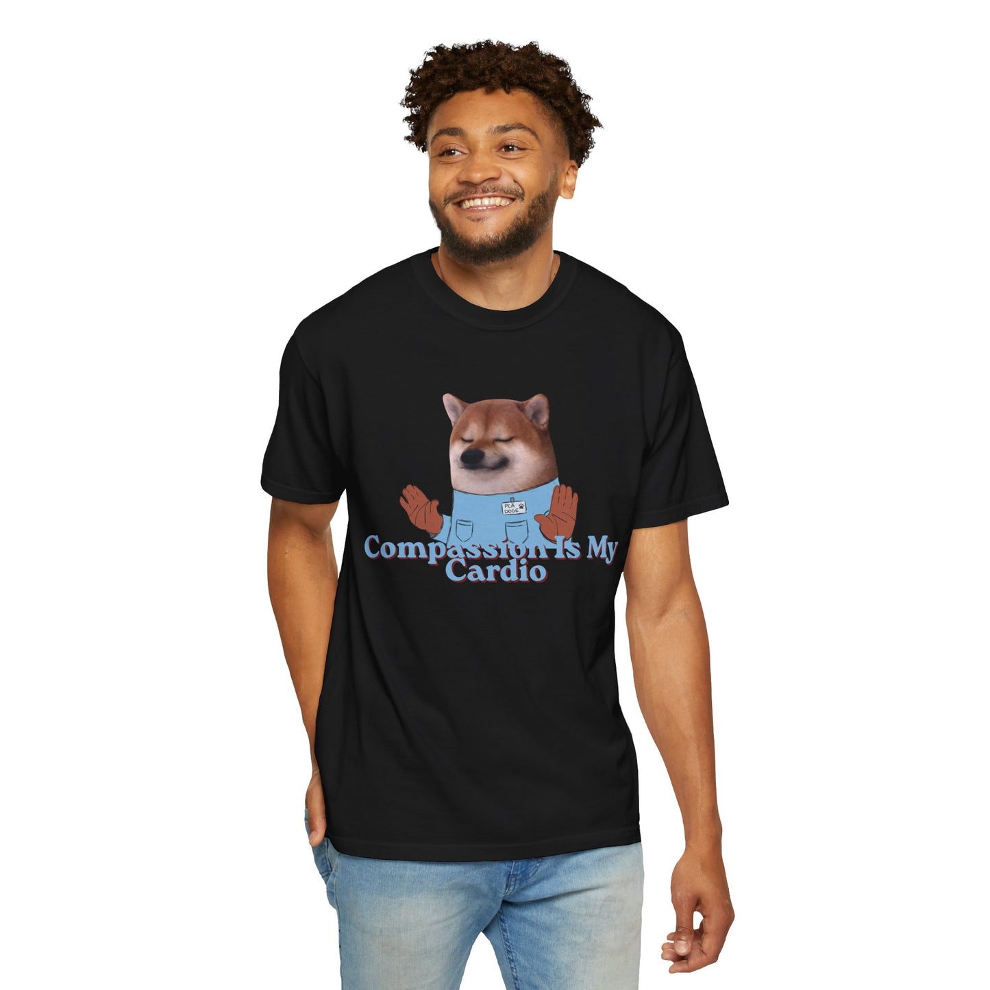 Heavyweight cotton tee featuring illustrated dog and empathy slogan